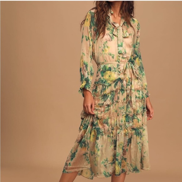 O.P.T. Cosmia Beige Floral Ruffle Tiered Midi Dress, size XL. - Picture 1 of 10